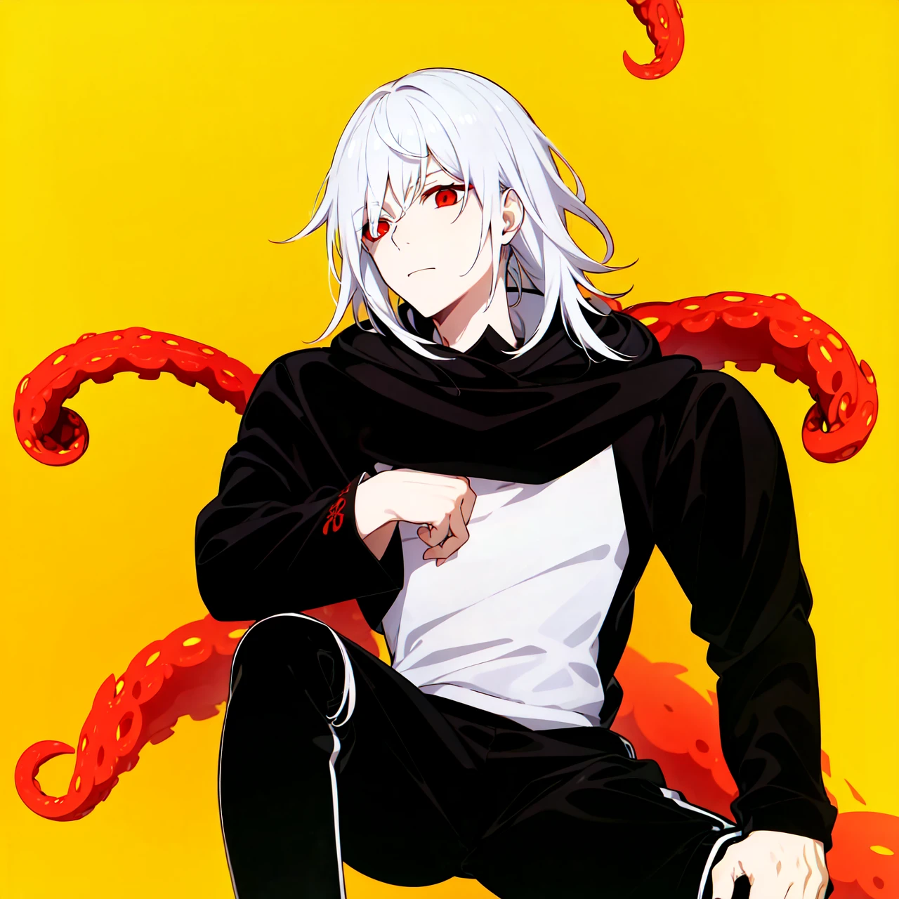 1boy, white hair, red eyes, black hoodie shirt, white shirt, black sleeves, black pants, red tentacles in back