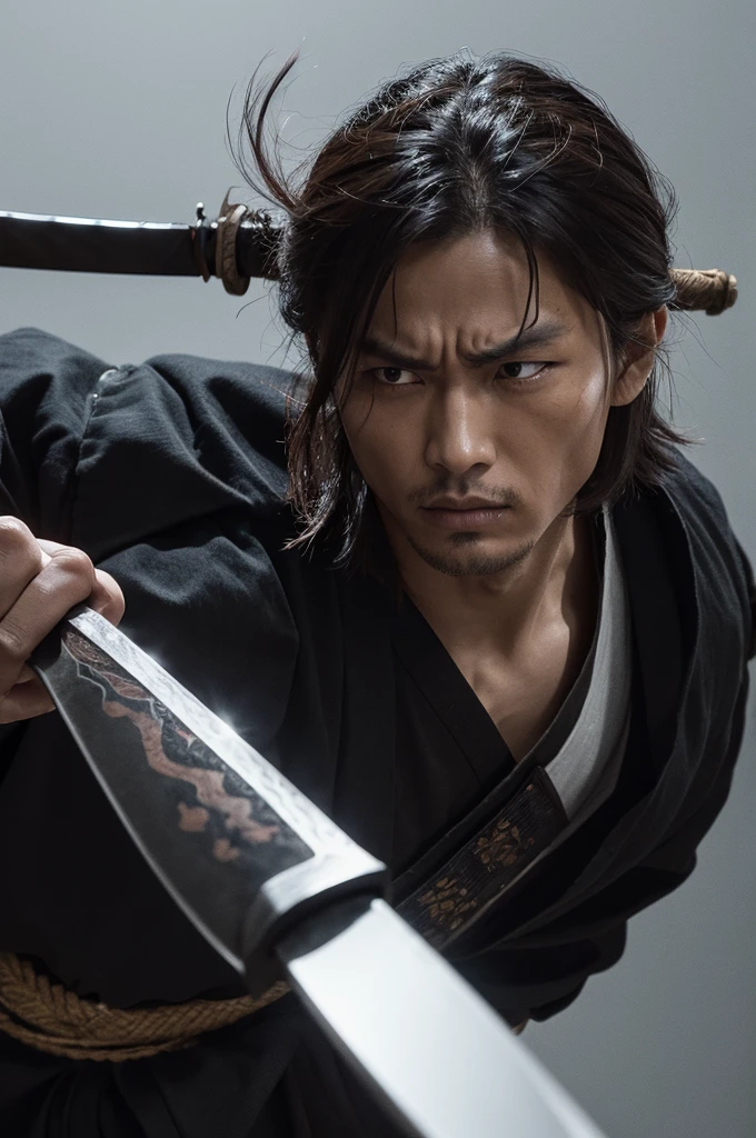 "A fierce samurai with a determined expression, holding a dagger near his right eye, preparing to remove it to prevent infection."
