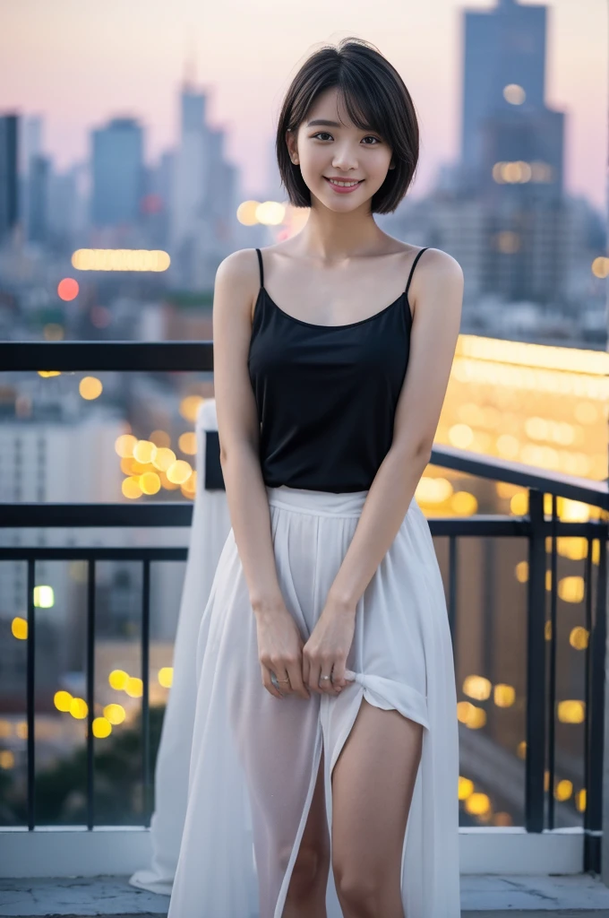 最high quality, Tabletop, High resolution,24 years old wearing white camisole, 1 Girl,Very beautiful face,(Ultra-high definition photography of extremely beautiful faces)(black camisole)hair ornaments,, Gemstone Diamond,Realistic, New York night view、Blur the background、,Full body image,(High resolutionスキン:1.2),Smiling and looking at the camera,Full body image 8K UHD, Digital single-lens reflex camera, In the soft and bright sunlight,high quality, Volumetric lighting, Frank, photograph, High resolution,Full body image,4K、Japanese college student、A sloppy smile、Stand up straight、((((上半身のphotograph)))),One person,Short Hairstyles、camisole