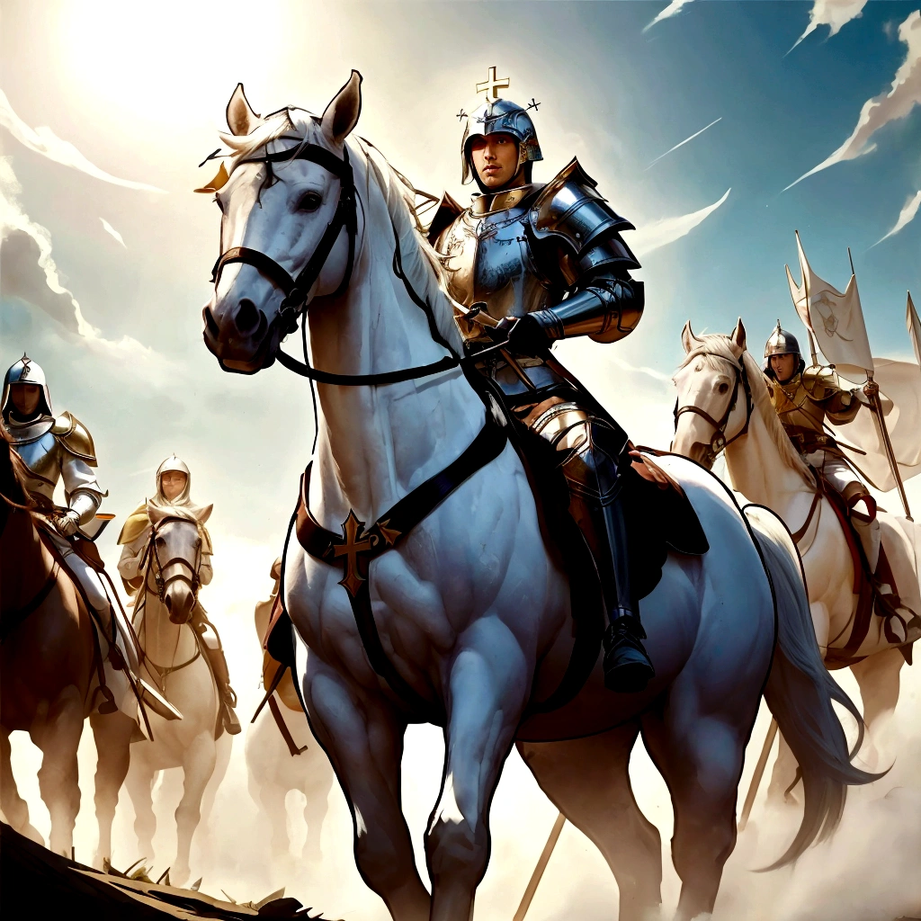 cavaleiro em cima de white horse, white horse, spear with cross, Mediovale, cavaleiro Mediovale, crusade,
