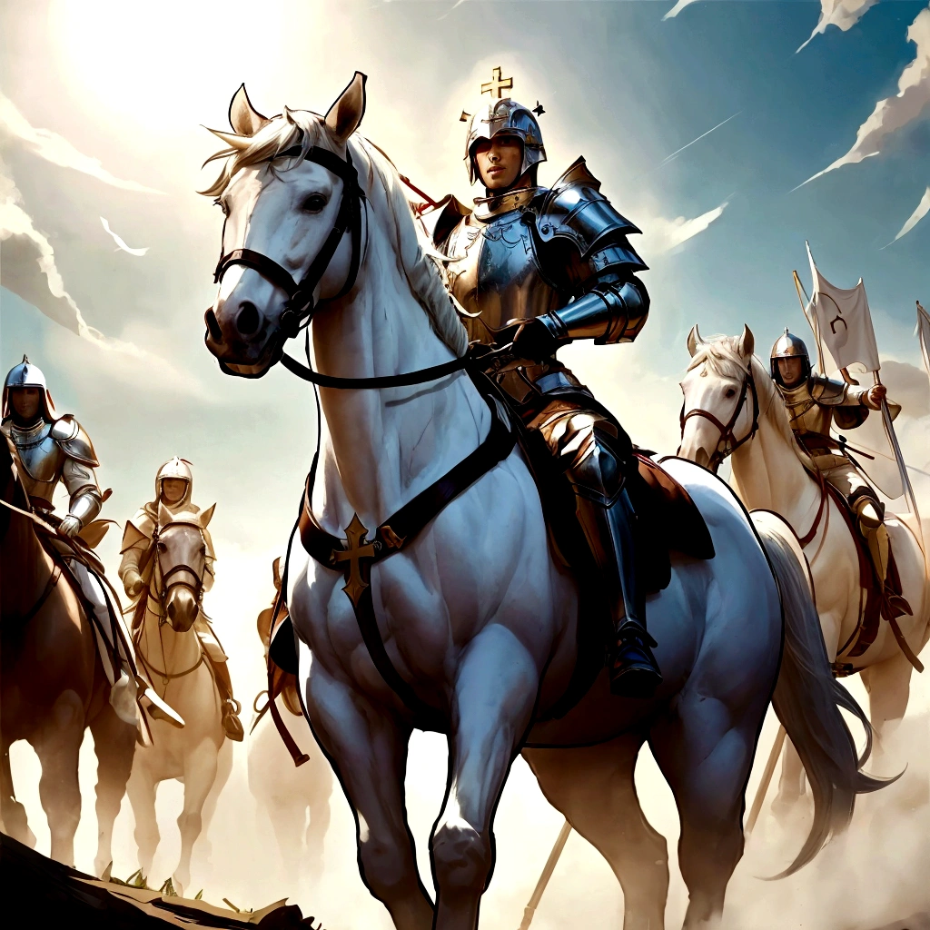 cavaleiro em cima de white horse, white horse, spear with cross, Mediovale, cavaleiro Mediovale, crusade,