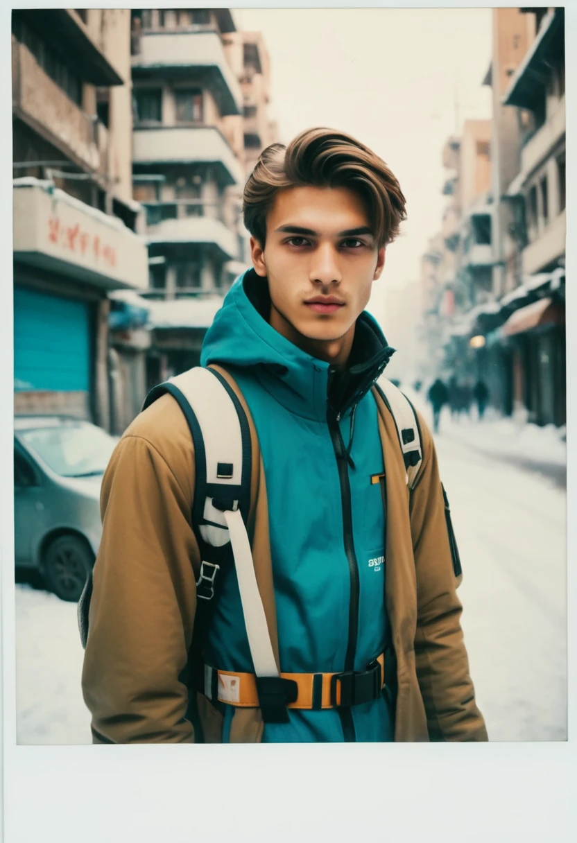 analog photo, a handsome man, bihari, 20 ans, Light brown hair, , petit cadre, ski suit, zoom in on cyberpunk city, ancient, faded film, grain de film, polaroïd, (white frame: 0.9), he is in boxer