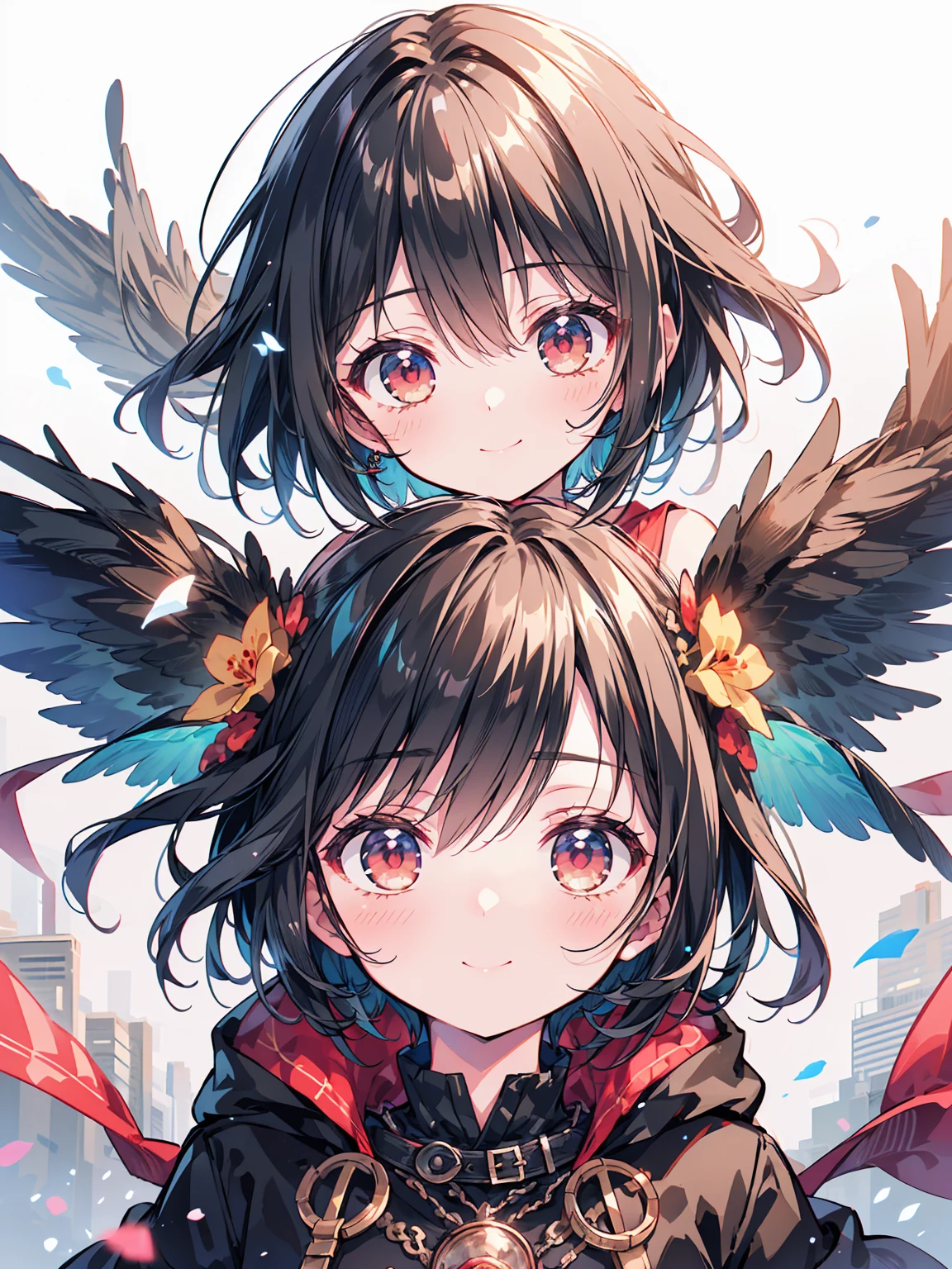 (masterpiece, highest quality, highest quality, (No text), Beautiful and aesthetic:1.2),No text,アニメ、 BREAK,One Girl,Short black hair Red eyes smile Black Coat mini skirt whole body Night view