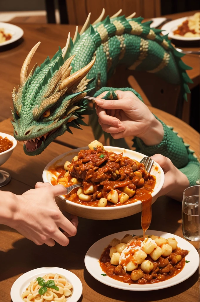 A very hungry dragon, eating gnocchi bolognese, with fork and knife