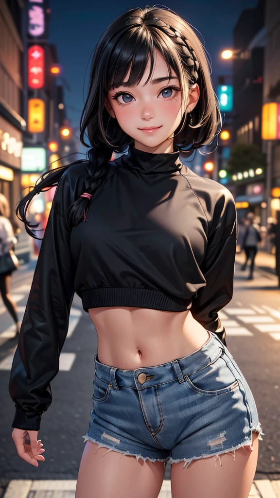 1 female,18 year old,smile:1.3,(BLACK eyes:1.3),((8K,masterpiece,Perfect ???????)),Cowboy Shot,(Beautiful and exquisite face and eyes,gorgeous eyes:1.3) ,Black Hair:1.3,bangs,smile,blush,Small breasts,Tokyo street、((Background blur)),((Sporty clothing:1.3))、french braid,Street Snap、