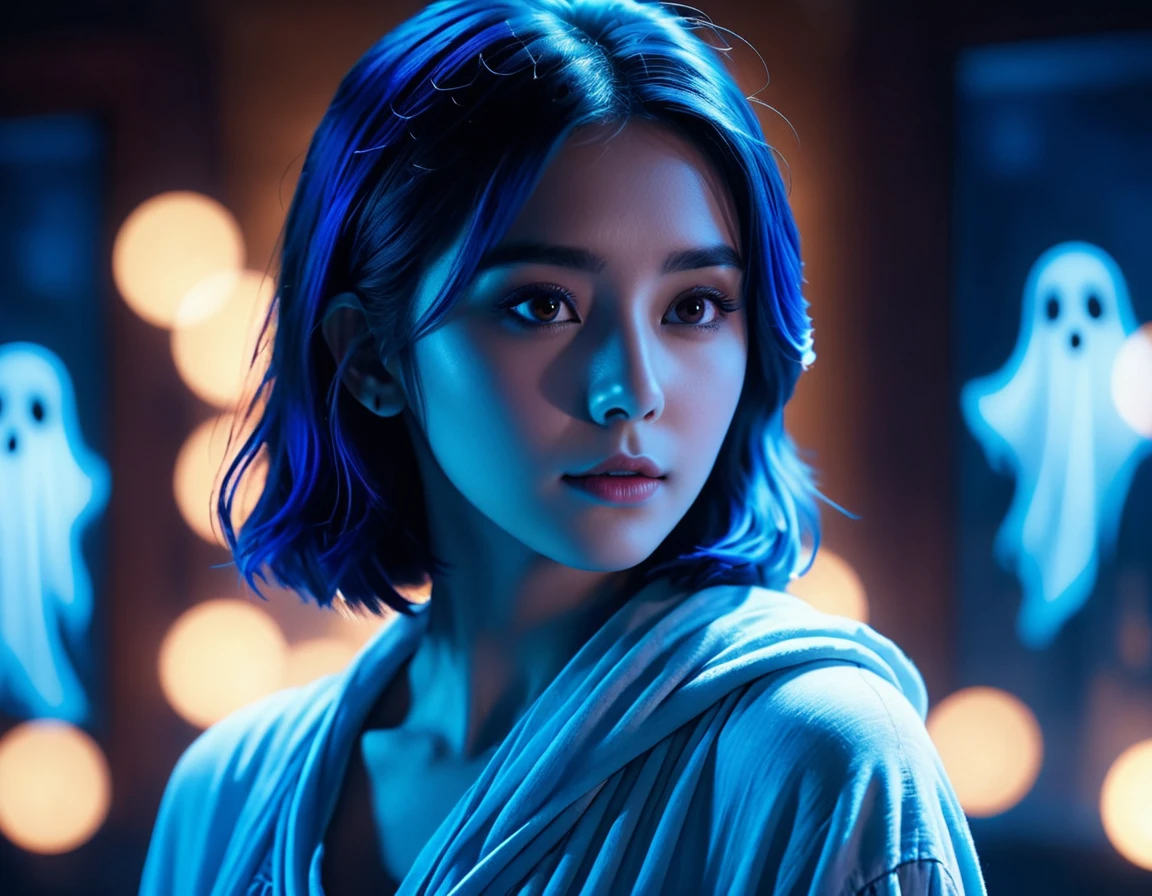 Ink style, female ghost, dreamy atmosphere, 8k, blue details, best shadows, cool movie lighting, bright colors, sharp focus