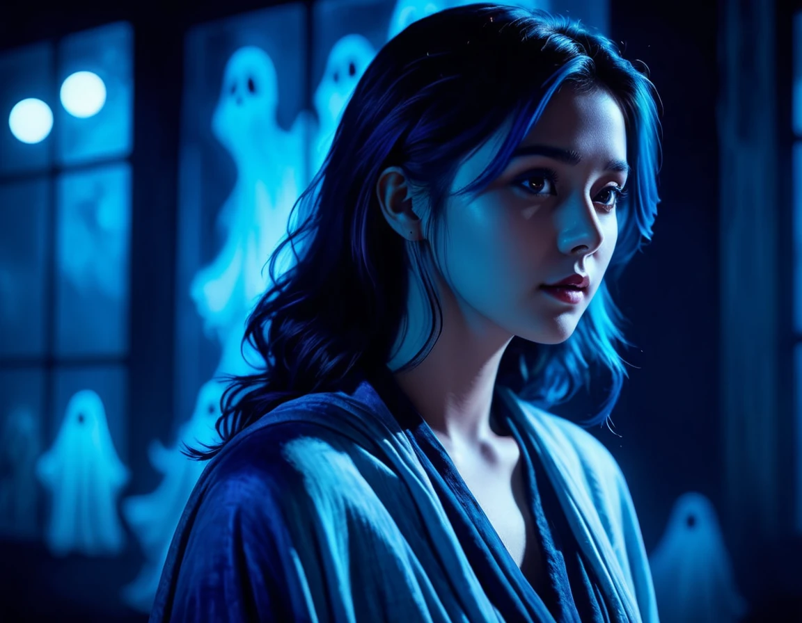 Ink style, female ghost, dreamy atmosphere, 8k, blue details, best shadows, cool movie lighting, bright colors, sharp focus
