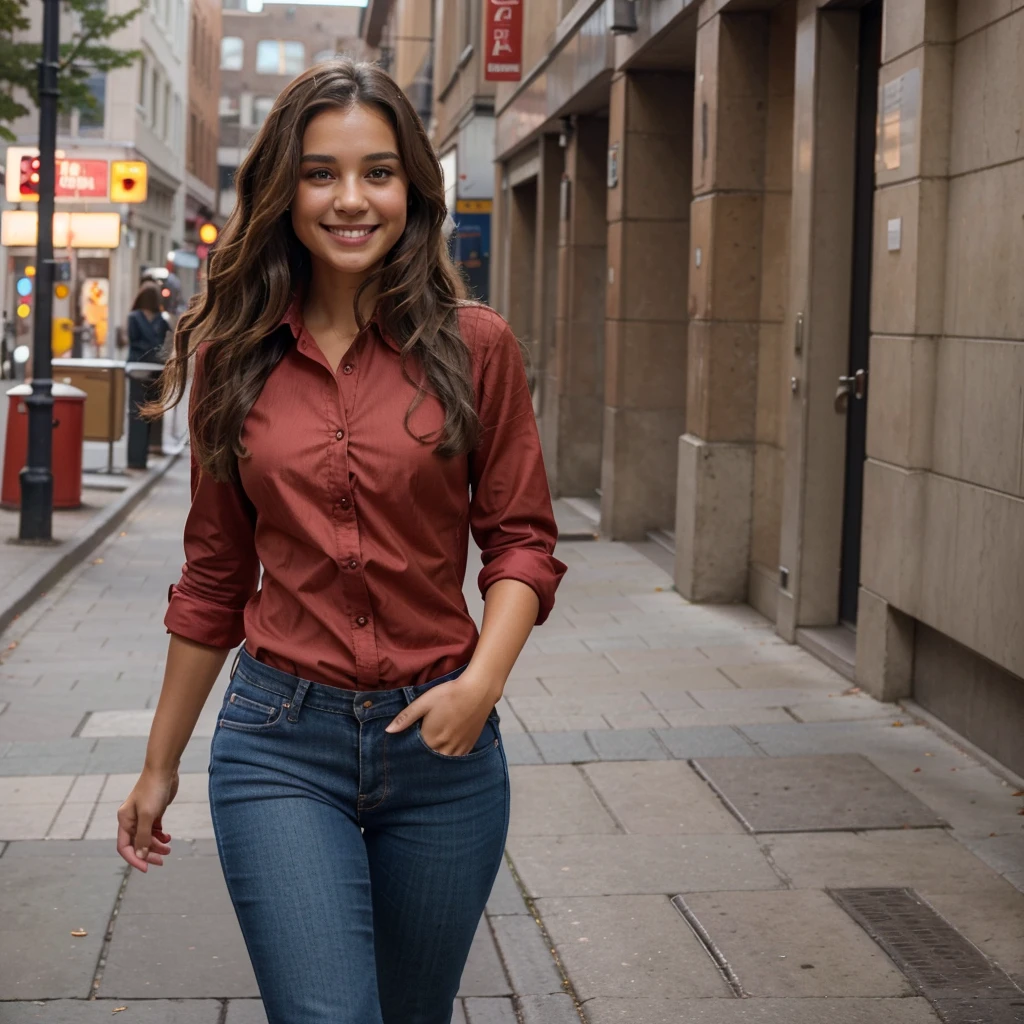 Beautiful woman with light brown skin, with medium brown wavy hair, smiling while walking alone on the streets of Canada. She is wearing a red dress shirt and couture jeans. Full HD 4K high definition image