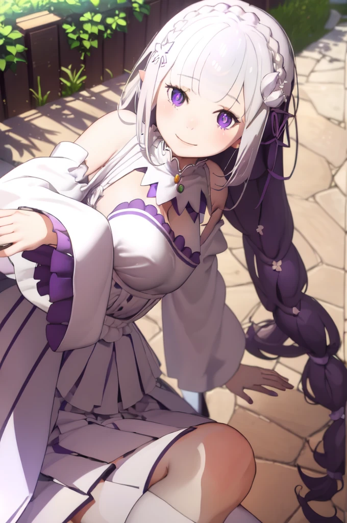 masterpiece, 1girl, Emilia, blunt bangs, long hair, crown braid,
white dress, detached collar, wide sleeves, x hair ornament, hair flower, hair ribbon, white thigh boots, cleavage, purple frills, pleated_white_skirt
sitting on bench, garden, arms at sides,
looking at viewer, (smile:1.2), blush, from above,