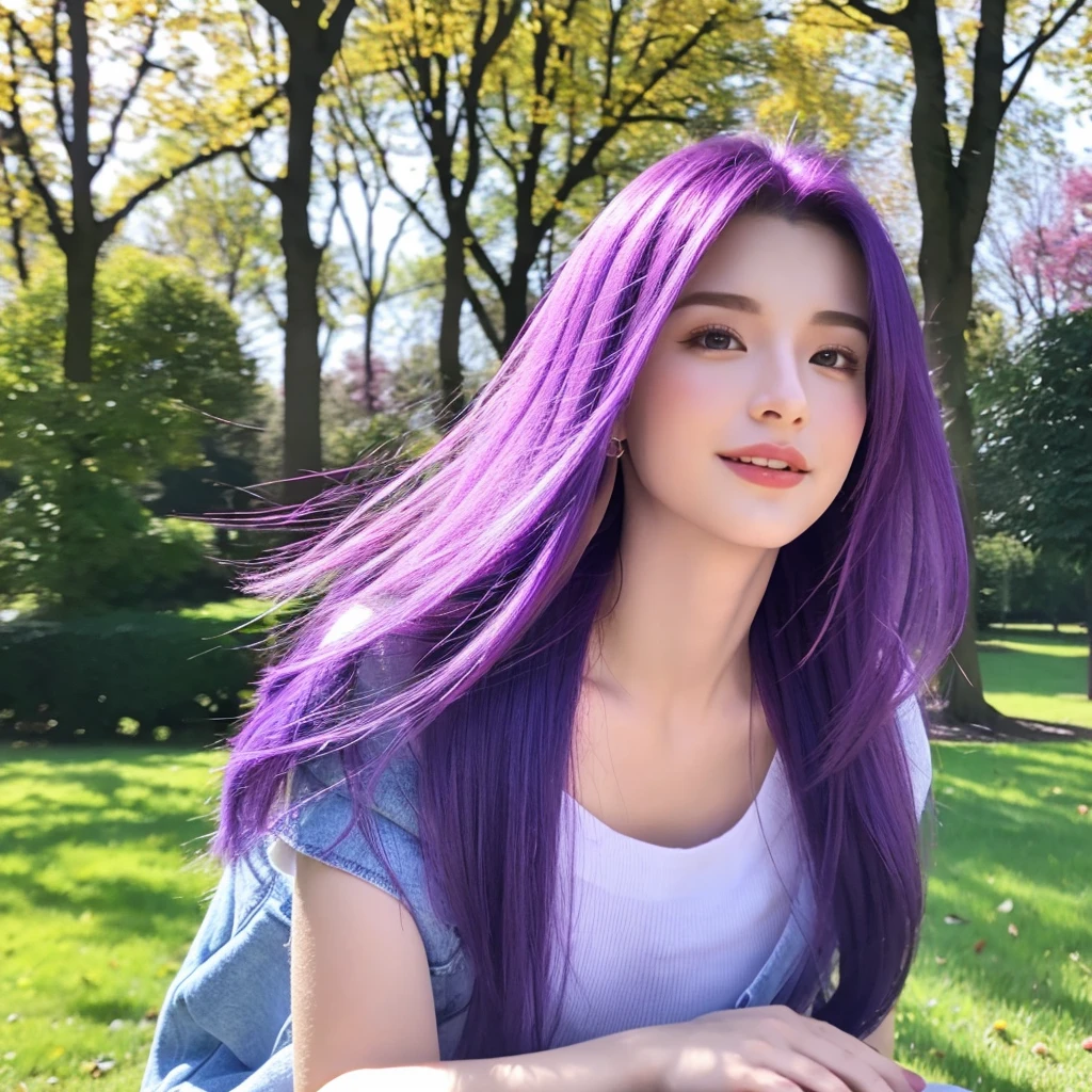 1woman hair purple, mid 20 years old, body, in the parc ,vibrant colors, ultra high realistic, ultra high quality