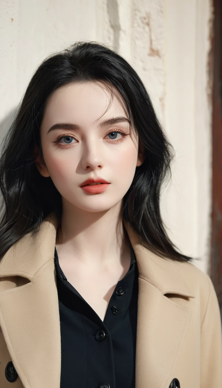 beautiful girl with realistic black eyes, pale skin, mid-length black hair, perfect face, perfect eyes, wearing coat, highly detailed, comprehensive cinematic, digital painting, 8k, cinematic lighting, best quality, highres, detailed work, post-processing, perfect result, hyper realistic