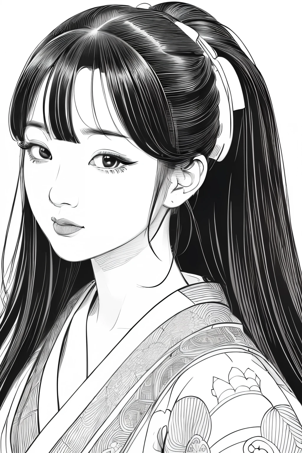 Depicting a realistic and cute ukiyo-e illustration of a woman in a kimono that conveys Japanese culture. The illustration is a illustration with detailed facial features and cartoon-style visuals, (high contrast, sketch, monochrome, clean line drawings for coloring book:1.5)