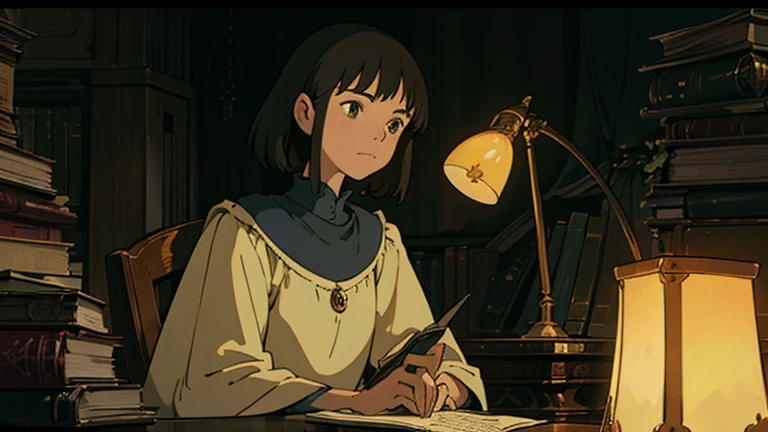 A girl, ensconced in a cozy corner on a rainy evening, sits surrounded by a jumble of books with an intensely profound study attitude. The soft yellow glow of the desk lamp illuminates her thoughtful expression, revealing her deep concentration and composed posture. Her inquisitive eyes dart back and forth between the pages, her nimble fingers turning them with subtle tilt, as she absorbs the old world wisdom contained within. The timeworn margins and sultry aura of the books add to the quiet night ambiance, creating a peaceful and tranquil countenance. This scholarly young woman, clad in plain attire, appears to be a seeker of knowledge and intellect