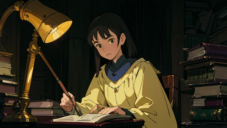 A girl, ensconced in a cozy corner on a rainy evening, sits surrounded by a jumble of books with an intensely profound study attitude. The soft yellow glow of the desk lamp illuminates her thoughtful expression, revealing her deep concentration and composed posture. Her inquisitive eyes dart back and forth between the pages, her nimble fingers turning them with subtle tilt, as she absorbs the old world wisdom contained within. The timeworn margins and sultry aura of the books add to the quiet night ambiance, creating a peaceful and tranquil countenance. This scholarly young woman, clad in plain attire, appears to be a seeker of knowledge and intellect