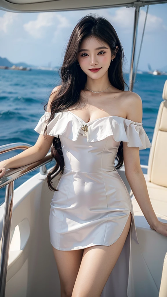 A sweet girl by the yatch,voluminous hair,Delicate face,Photorealsitic,of a real,largeaperture,wears a purple and white dress,A cropped dress,Off-the-shoulder,A dress around the neck,Slim,smiles,Ultra-high resolution, Blurred background