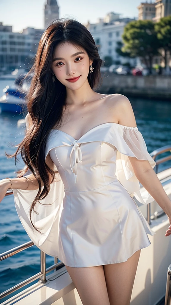 A sweet girl by the yatch,voluminous hair,Delicate face,Photorealsitic,of a real,largeaperture,wears a purple and white dress,A cropped dress,Off-the-shoulder,A dress around the neck,Slim,smiles,Ultra-high resolution, Blurred background