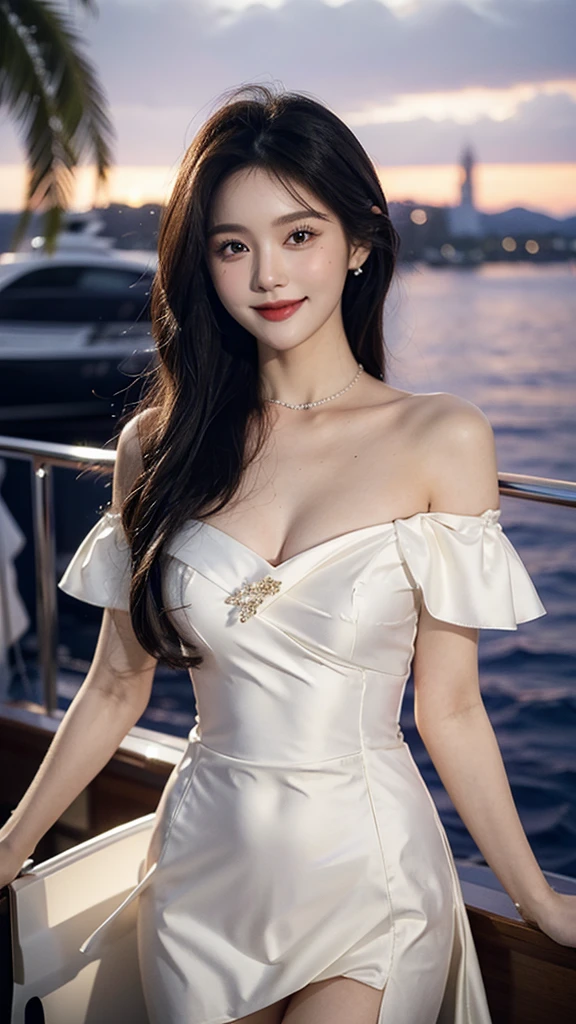 A sweet girl by the yatch,voluminous hair,Delicate face,Photorealsitic,of a real,largeaperture,wears a purple and white dress,A cropped dress,Off-the-shoulder,A dress around the neck,Slim,smiles,Ultra-high resolution, Blurred background