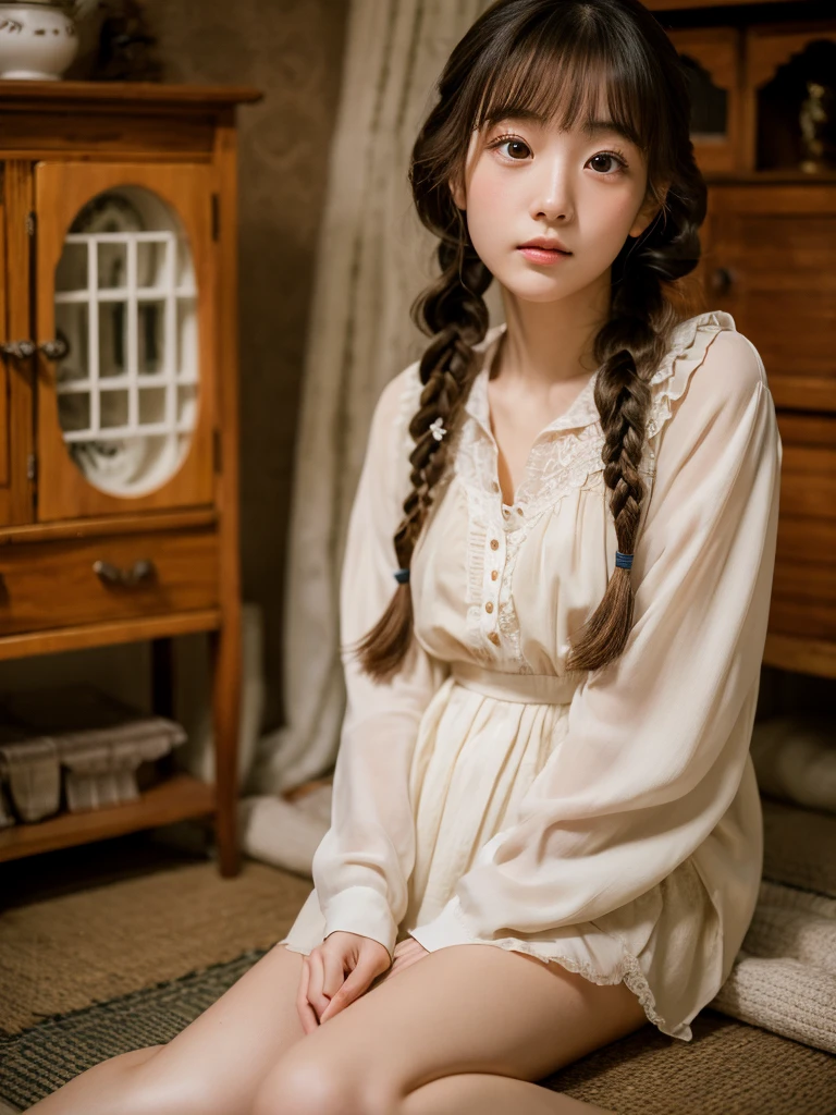 (Top image quality, 8K, masterpiece), top-quality, 超A high resolution,Japan Girl, 18year old, loose blouse and spread your legs、 kawaii faces, Melancholy look, double eyelid、middlebreasts、Twin braid hairstyle、Fairytale room、Movie Lighting, Photorealsitic, real looking skin, nffsw, 35 mm, Shot with Leica,