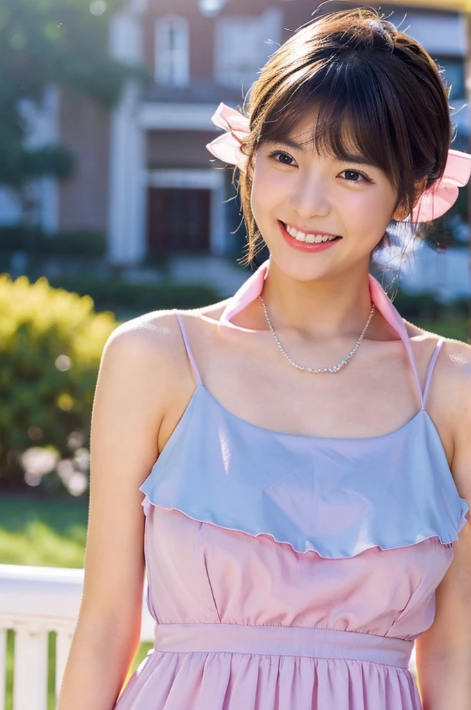 High resolution,In 8K,Highest quality,detailed,Semi-realistic anime,Anime 3D Style,Smooth anime CG,One Girl,19-year-old woman in Japan,slim,Modeled,Shiny brown hair,Medium Hair,detailedな顔,Beautiful and detailed,Glowing Skin,((White and big blue polka dot summer dress)),necklace,straggling hair,Angelic hairstyle,Small breasts,round and large eyes,((Laughter))