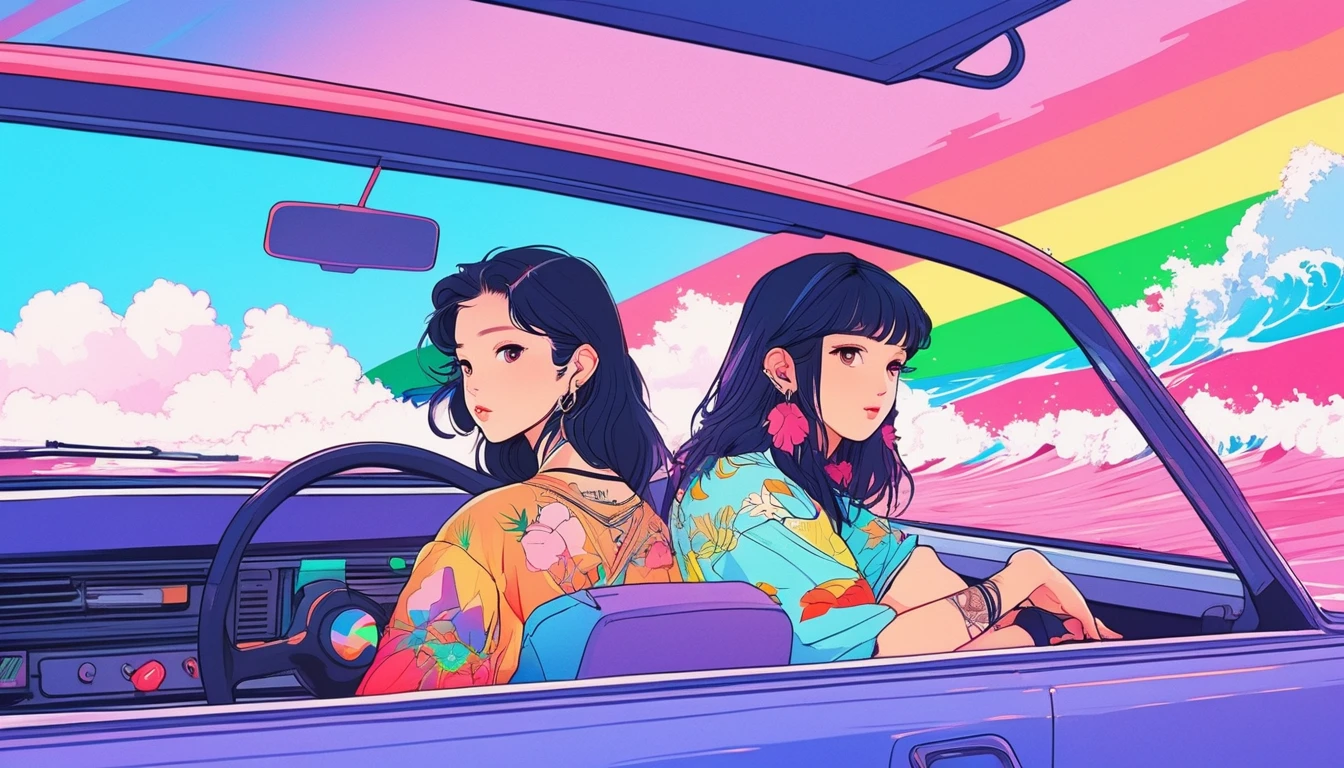 masterpiece, Highest quality, Rainbow Style, anime, Beautiful Asian Girl, K-Pop aesthetics and style, tattoo, tattoo - inspired, Sitting in a car, 80s American hippie style, Along the Hawaiian Coast, Cute and dreamy,anime,Illustrator