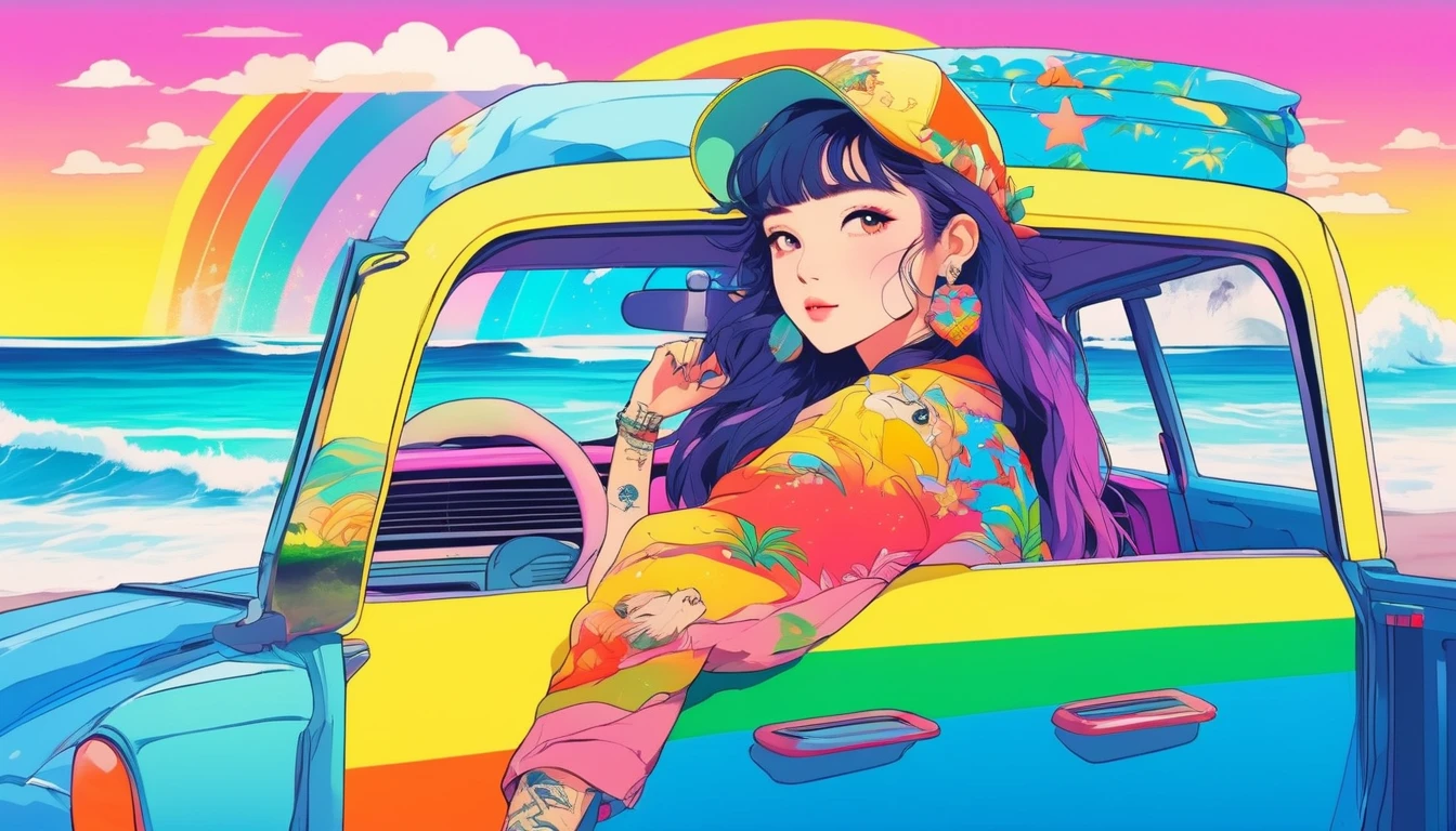 masterpiece, Highest quality, Rainbow Style, anime, Beautiful Asian Girl, K-Pop aesthetics and style, tattoo, tattoo - inspired, Sitting in a car, 80s American hippie style, Along the Hawaiian Coast, Cute and dreamy,anime,Illustrator