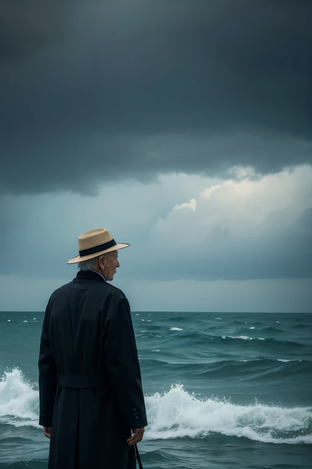 The back of a mysterious old man in the surging sea