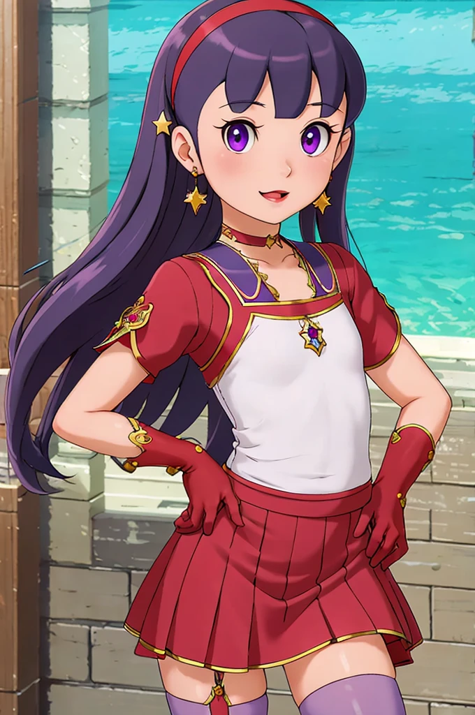 (masterpiece), (best quality), (ultra-detailed), intricate detail, detailed beautiful face and eyes,1girl, solo, purple eyes, purple hair, long dark blue hair, white earrings, red hairband, star hair ornament,fingerless gloves, gloves,pantyhose, jewelry, pleated_skirt,red skirt, short sleeves, Blunt Bangs,shizuka,hot,sea background