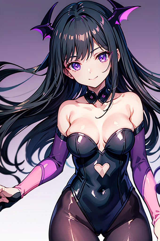Highest quality Highest quality Draw a face carefully High-definition anime-style face Super Glowing Skin Long black hair Black leotard Purple pantyhose Succubus lure smile