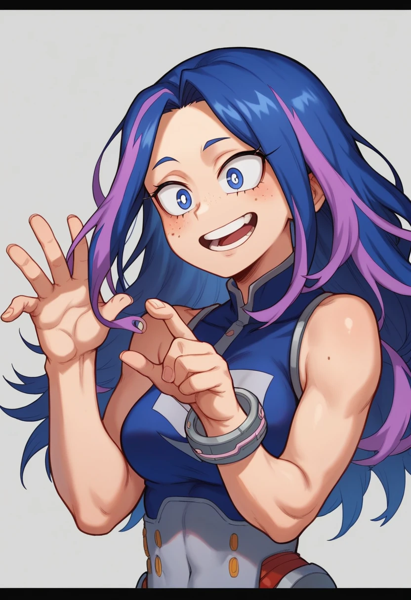 Screenshot of My Hero Academia, a girl with , Long almost black blue hair with purple highlights, with sapphire blue eyes and purple shadow with a tender look with purple freckles and happy wearing her heroine costume in the style of a galactic Japanese dress in the style of boku no hero academia UA