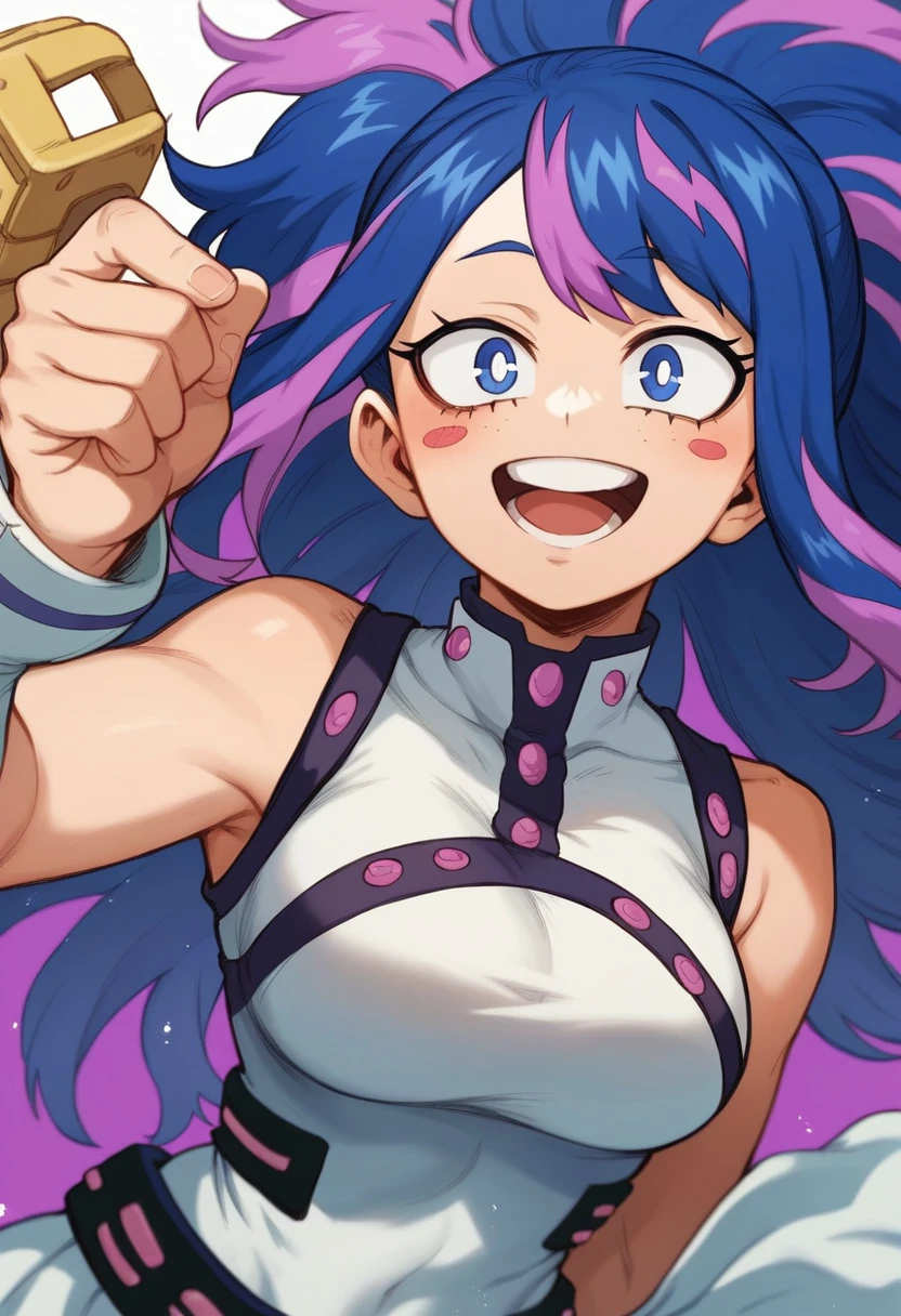 Screenshot of My Hero Academia, a girl with , Long almost black blue hair with purple highlights, with sapphire blue eyes and purple shadow with a tender look with purple freckles and happy wearing her heroine costume in the style of a galactic Japanese dress in the style of boku no hero academia UA