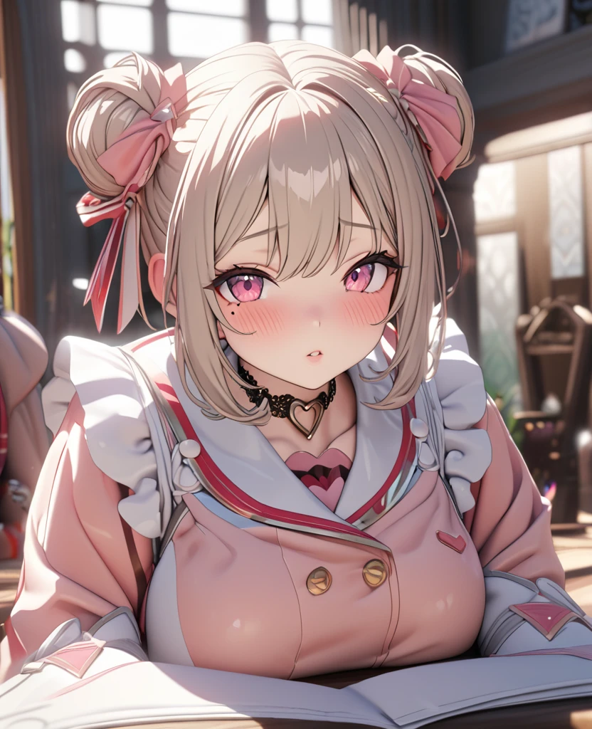 masterpiece, best quality, highly detailed, high resolution, expensive resolution, high resolution, 4K, 8k, uniform 8k wallpaper, highly detailed CG, masterpiece, 2D, 3D, beautiful details, depth, fine texture, best quality: 1.3, perfectly focused, crispy. skin, him, very cute anime girl, idol, brown double hair buns wearing expensive,, mole under eye, looking at the viewer, expensive, blush, mole, plump lips, heart, pink eyes, heart shaped choker
