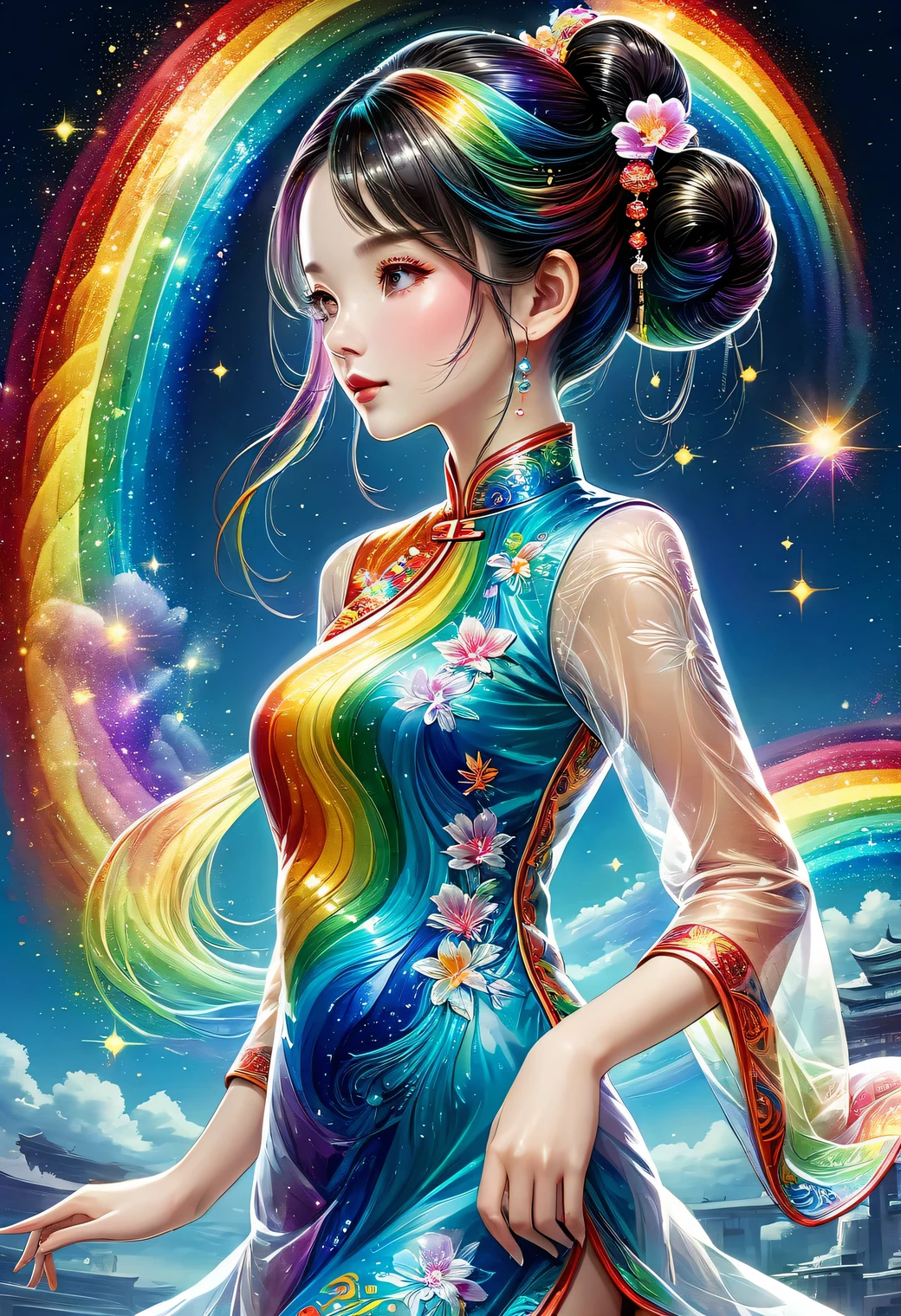 illustration of a woman Cosmic Rainbow coloured cheongsam, intrcate detailed embroidery, double bun, hair ornaments, sandal, Chinese Architecuture, Vivid contrast, gentle touch rendering, accurate detail, high detail, shining contours, precision, high-quality oil painting, stunningly beautiful touch rendering, fantasy,
