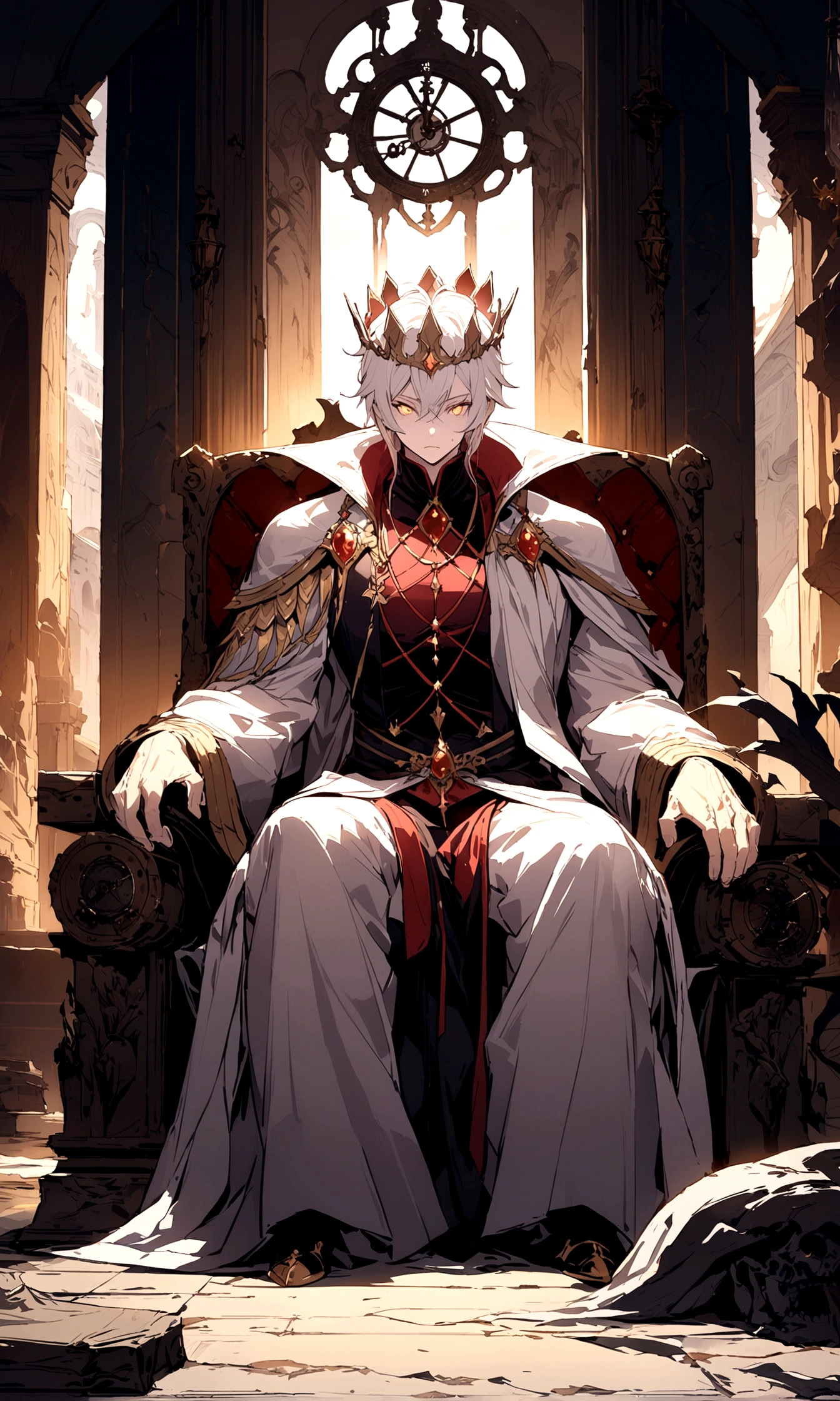 A white-haired, golden-eyed prince, sits lazily on a majestic throne, inside an abandoned palace with crown holding an ancient clock. The environment around him is dark and gloomy, with cracks in the walls and cobwebs hanging there. The throne is ornate, with details in gold and precious stones, and is covered by a dusty cloth. The protagonist is wearing royal clothing, with a determined expression on his face, as he stares at the horizon with glowing golden eyes, masterpiece, best quality, ultra-detailed, illustration, 8k resolution concept art, fantasy art, epic art, concept art wallpaper 4k, deep color, natural lighting. adult, handsome, tall muscular guy, broad shoulders.