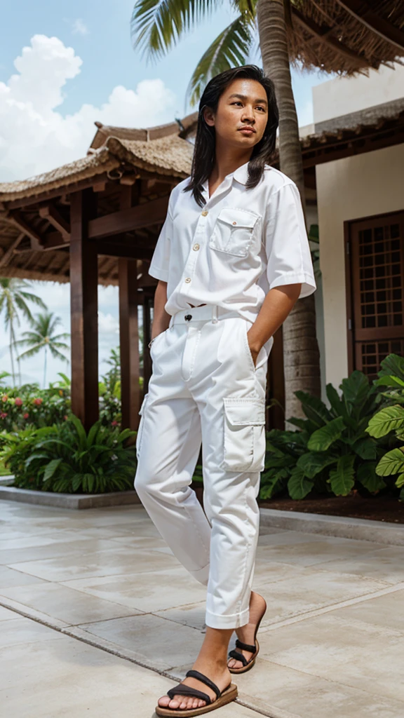 Realistic pilipino wearing a white cargo pants The background is is resort .