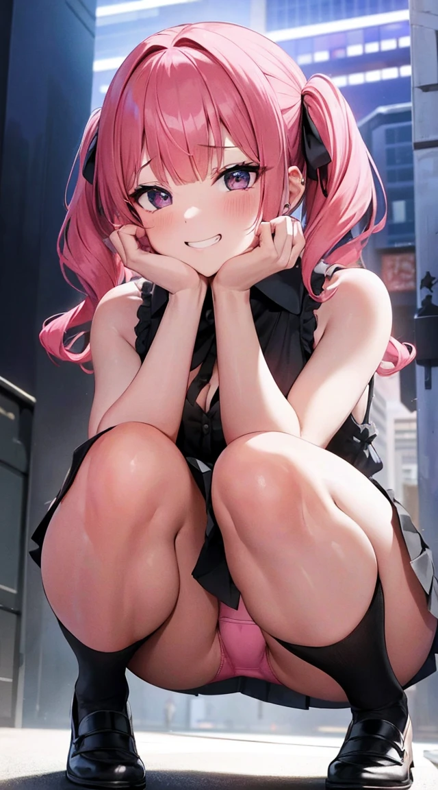 (8K、Top image quality、top-quality、​masterpiece)、A detailed face、1 girl in、A pink-haired、short hair、blunt bangs,、twintails、wavy hair、black eyes、piercings、smirk grin、Moderately breasts、Pink ruffled clothing、off shoulders、a black ribbon、Black pleated skirt、a miniskirt、White Socks、Leather shoes、Thick bottom、squatting、hands on own face、((pink panties))、Taken from below、Downtown background at night