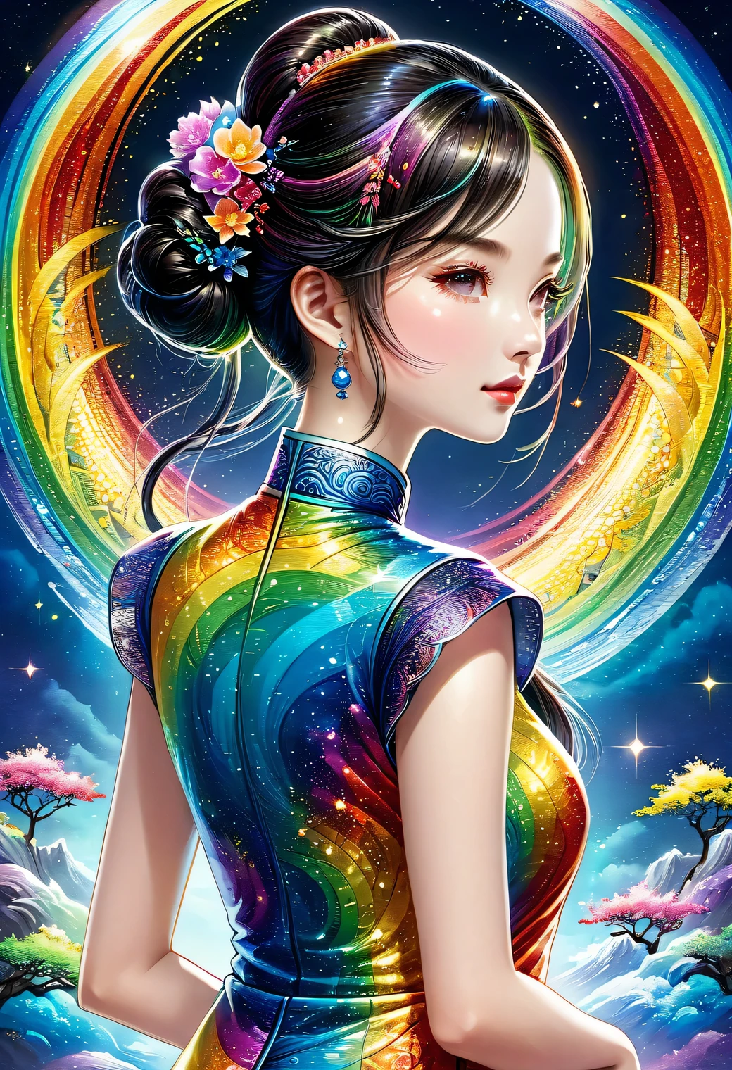 illustration of a woman Cosmic Rainbow coloured cheongsam, intrcate detailed embroidery, double bun, hair ornaments, sandal, Chinese Architecuture, Vivid contrast, gentle touch rendering, accurate detail, high detail, shining contours, precision, high-quality oil painting, stunningly beautiful touch rendering, fantasy,
