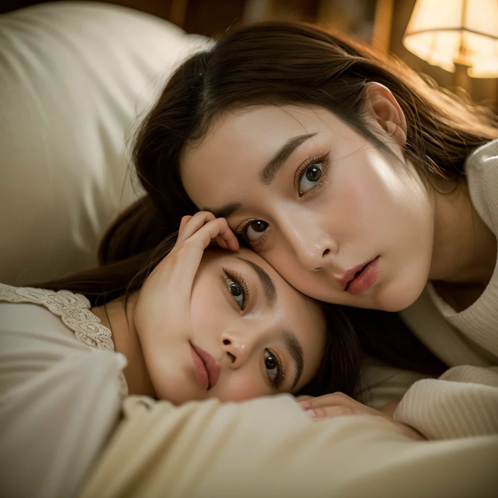 (Best Quality,8K,masutepiece:1.2), Ultra-detailed, Realistic, Japan girls with cute faces, Beautiful detailed eyes, expressive and melancholic look, long eyelashes, Wearing a loose T-shirt, Lying face down on a modern bed, Random hairstyle, In a fairytale room, Cinematic lighting, Photorealistic skin, Shot with a Leica camera, Vintage film atmosphere.Cinematic, 35 mm, Photograph--. 虹5 --- s 180