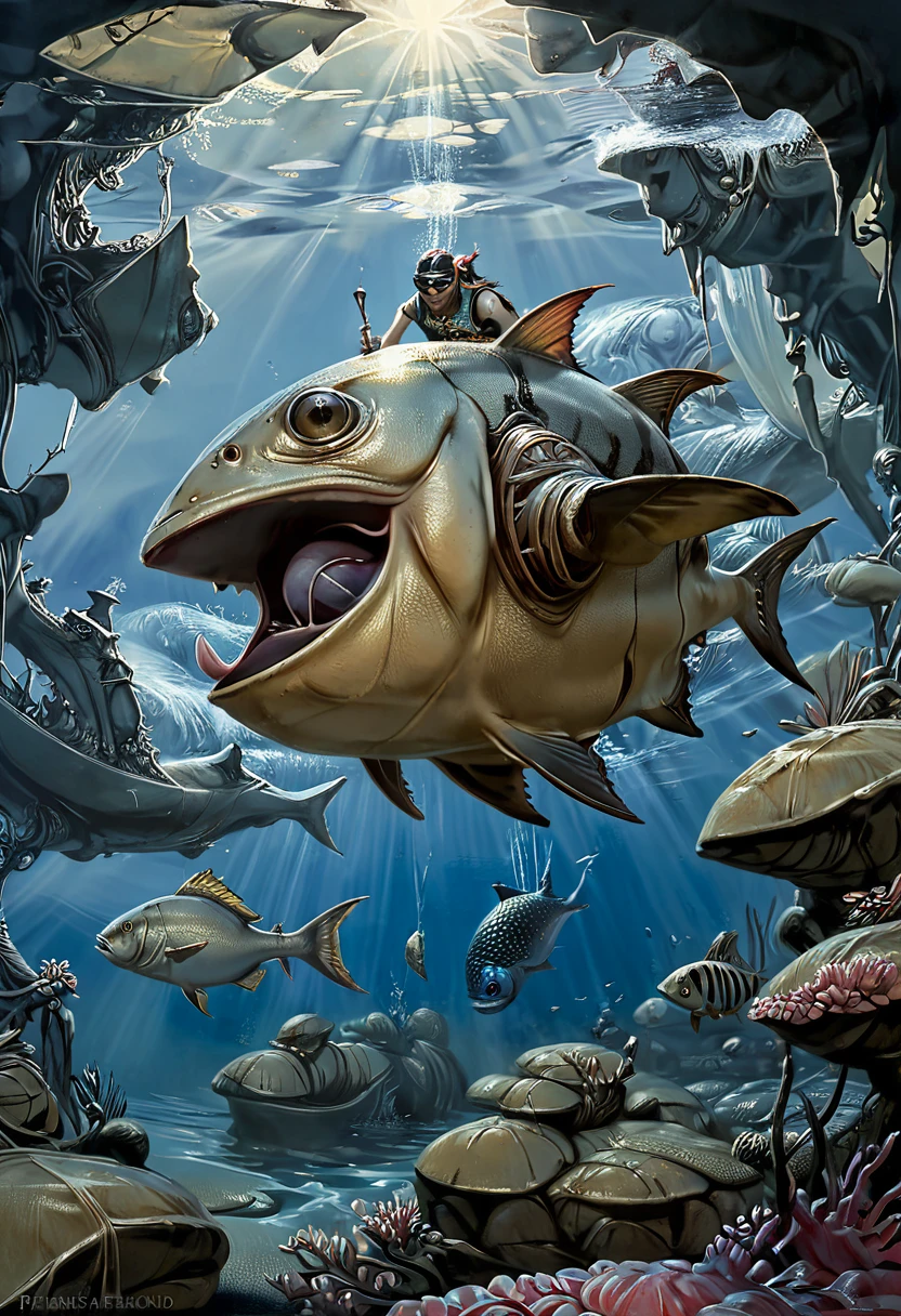 Piranha, The New Renaissance, Friend or Foe?, the ripest book of all time, the book is insanely detailed and intricate, insanely detailed and detailed, insane details, hypermaximalist, elegant, ornate, luxury, elite, matte painting, cinematic, cgsociety, James jean, Brian froud