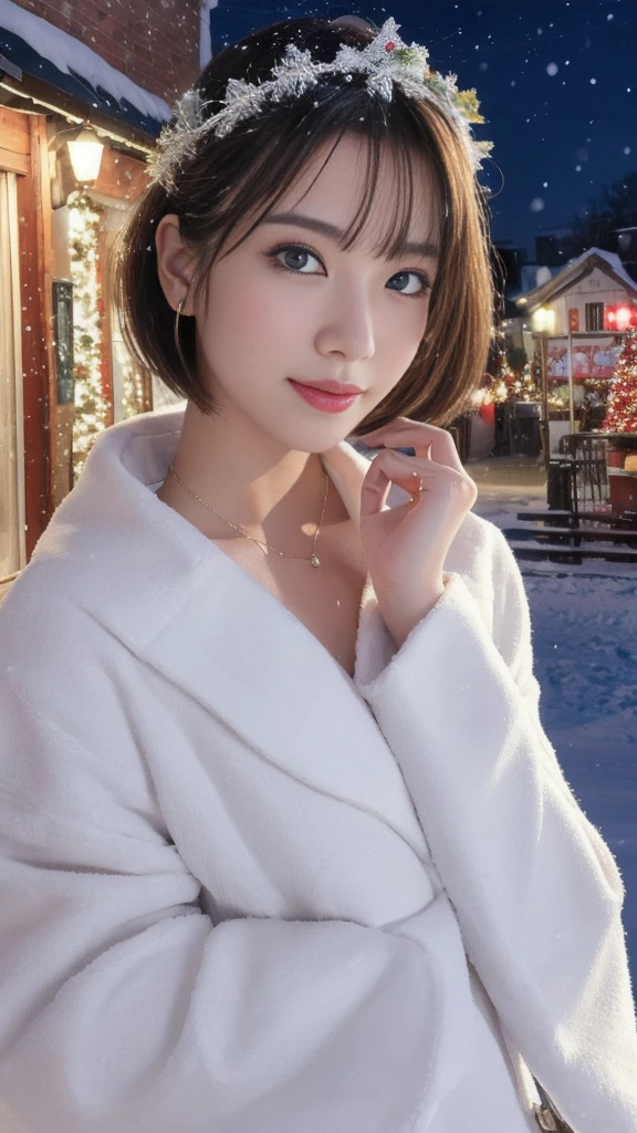 1girl, (santa claus costume slim fit:1.5), symmetry,(Cute ultra young girl:2.0), (slender woman body:1.5), (ultra short hair:1.75), ultra big smile, (Beautiful large round droped detailed eyes:1.75), beautiful detailed lips, (extremely detailed beautiful face, natural makeup, Incredibly beautiful skin:2.0), (best quality,4k,8k,highres,masterpiece:2.0),(ultra-detailed,realistic,photorealistic,photo-realistic:1.75),professional,vivid colors,studio lighting,(snowing night town,christmas eve:1.25)