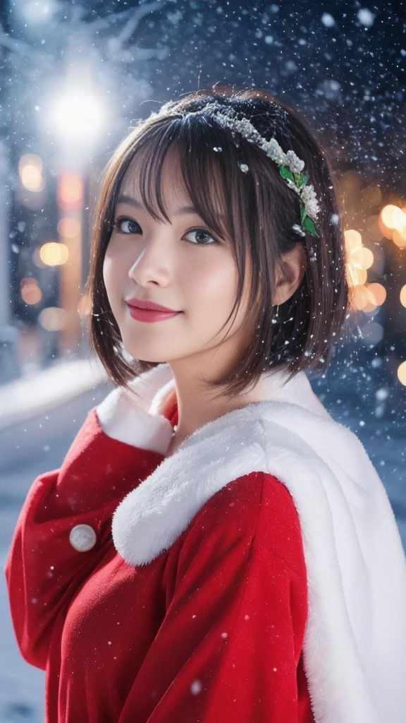 1girl, (santa claus costume slim fit:1.5), symmetry,(Cute ultra young girl:2.0), (slender woman body:1.5), (ultra short hair:1.75), ultra big smile, (Beautiful large round droped detailed eyes:1.75), beautiful detailed lips, (extremely detailed beautiful face, natural makeup, Incredibly beautiful skin:2.0), (best quality,4k,8k,highres,masterpiece:2.0),(ultra-detailed,realistic,photorealistic,photo-realistic:1.75),professional,vivid colors,studio lighting,(snowing night town,christmas eve:1.25)