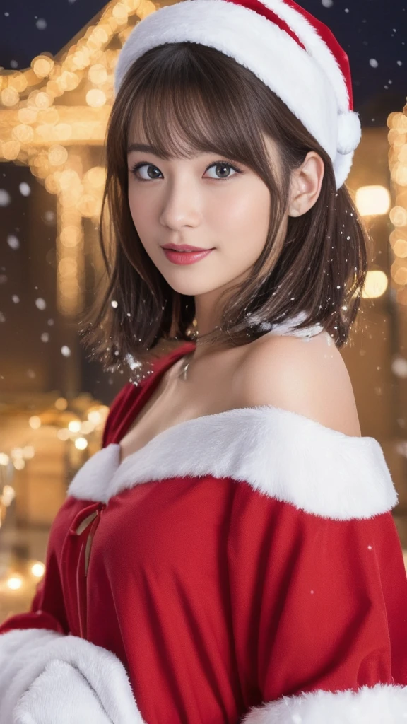 1girl, (santa claus costume slim fit:1.5), symmetry,(Cute ultra young girl:2.0), (slender woman body:1.5), (ultra short hair:1.75), ultra big smile, (Beautiful large round droped detailed eyes:1.75), beautiful detailed lips, (extremely detailed beautiful face, natural makeup, Incredibly beautiful skin:2.0), (best quality,4k,8k,highres,masterpiece:2.0),(ultra-detailed,realistic,photorealistic,photo-realistic:1.75),professional,vivid colors,studio lighting,(snowing night town,christmas eve:1.25)