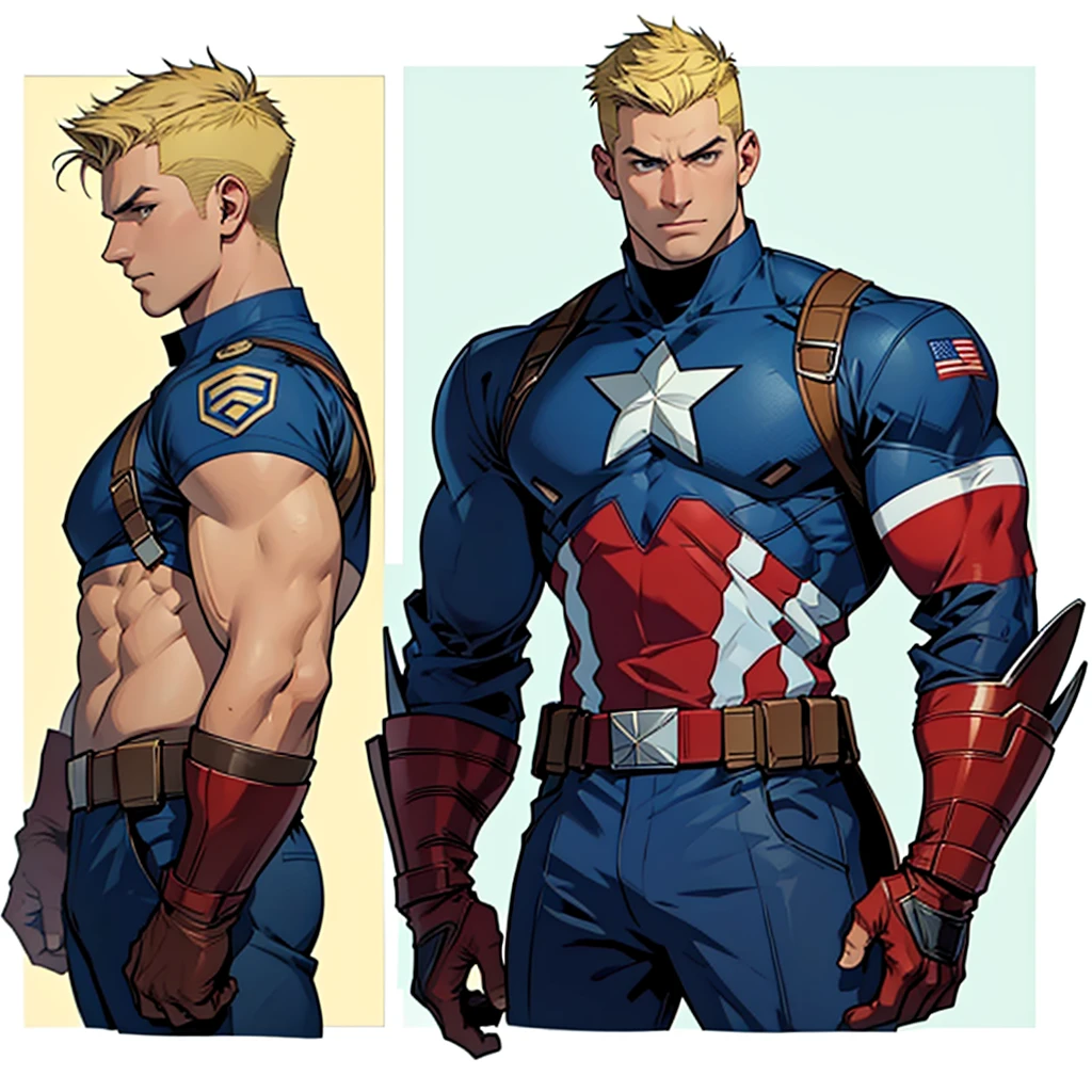 A model sheet of an adult Captain America wearing his uniform and gauntlets with a short, blonde quiff haircut and a shaved nape.