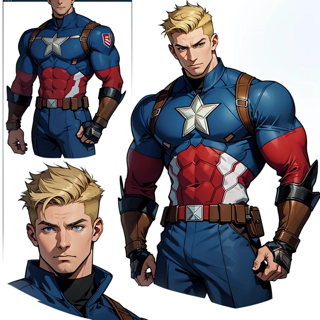 A model sheet of an adult Captain America wearing his uniform and gauntlets with a short, blonde quiff haircut and a shaved nape.