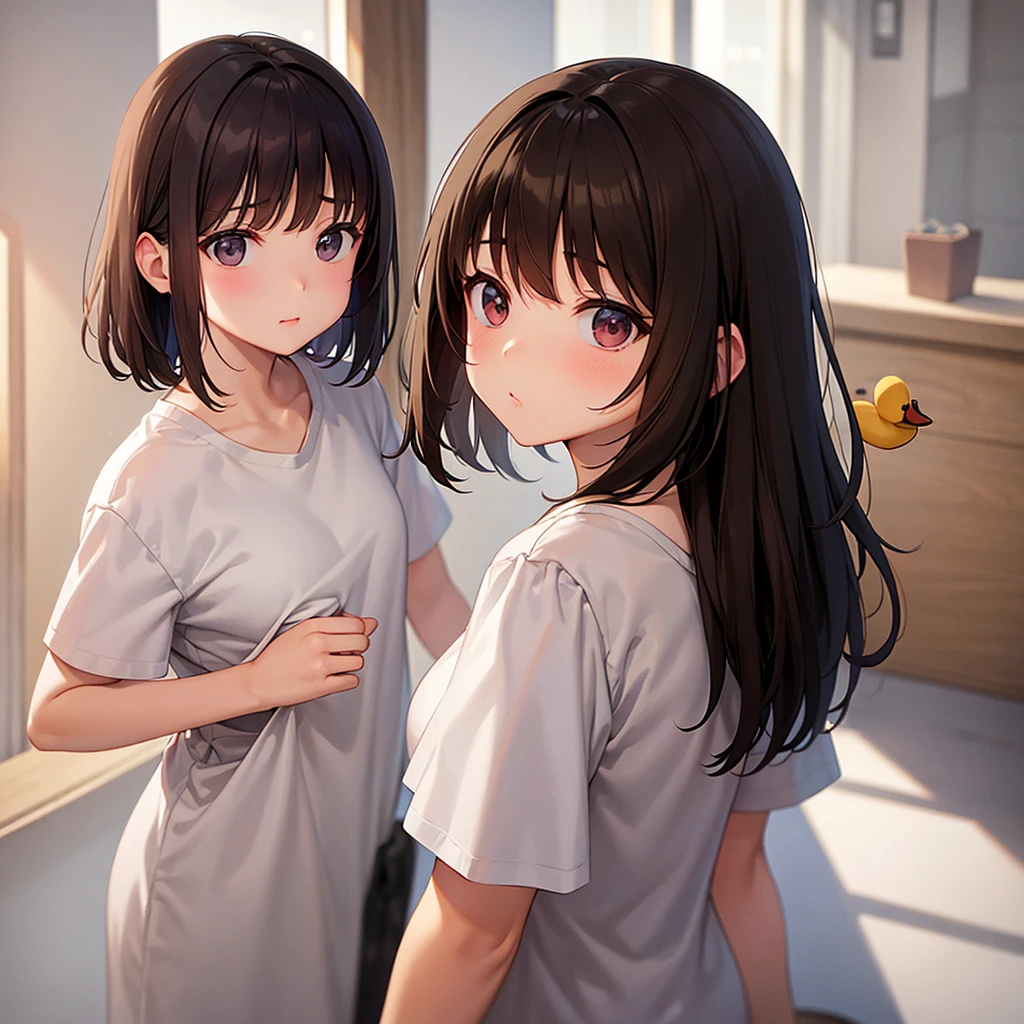 A little strong-minded、Patsun、Medium Hair、girl、White T-shirt dress、Brown Hair、Small duck mouth、Small Nose、Big Breasts、Plump