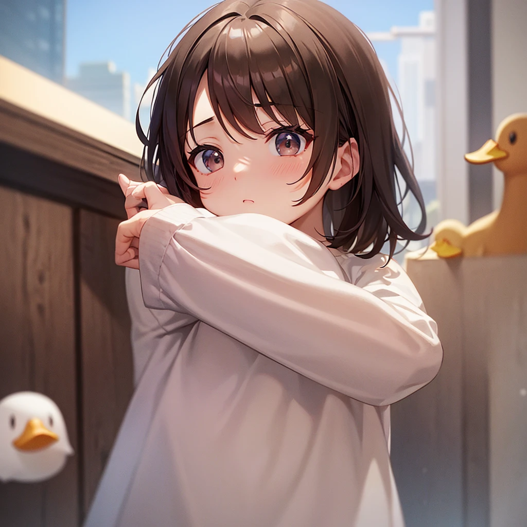 A little strong-minded、Patsun、Medium Hair、girl、White T-shirt dress、Brown Hair、Small duck mouth、Small Nose、Big Breasts、Plump