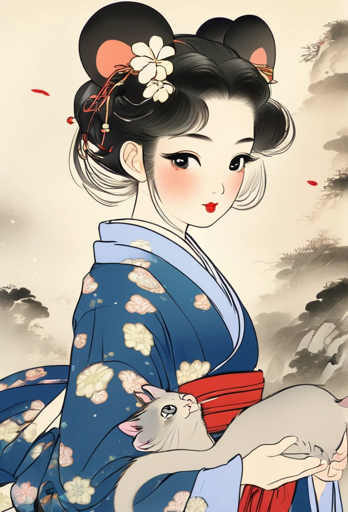 (Ah! My Goddess style:1.2) , Hallucination, daydream , nightmare , Insane Dream , bokeh , erotica , romance , realistic mouse nymph and realistic cat , Women's hakama from the Meiji period , Petals fluttering down , Single eyelids, round nose, swollen cheeks , glossy lips , Collarbone , Hair blowing in the wind , Meiji period