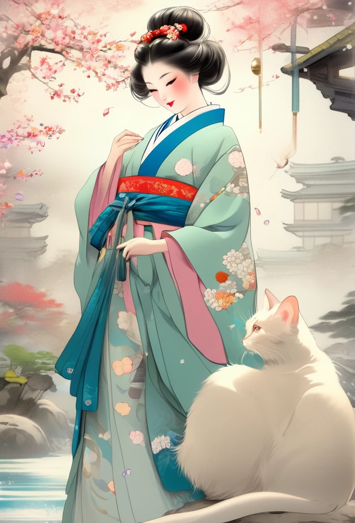 (Ah! My Goddess style:1.2) , Hallucination, daydream , nightmare , Insane Dream , bokeh , erotica , romance , realistic mouse nymph and realistic cat , Women's hakama from the Meiji period , Petals fluttering down , Single eyelids, round nose, swollen cheeks , glossy lips , Collarbone , Hair blowing in the wind , Meiji period