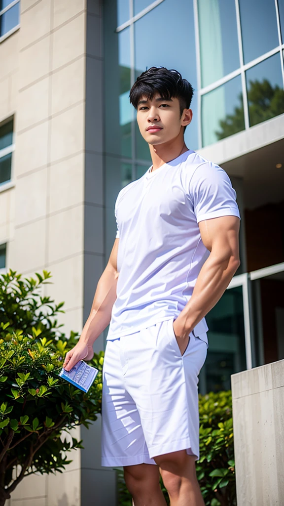 Masterpiece, best quality, High quality, วอลล์เปเปอร์ CG unity 8k ที่มีvery detailed, depth of field, HDR,,photorealistic,very detailed, 1 man sitting on a chair, Asia, black short hair, , (Thai , white shirt), blue cargo shorts, chest muscles, Big arm muscles, blood vessel, big muscles, Broad shoulders, looking at the audience, Balancing the eyes, (Make eye contact) (outside the building:1.3)