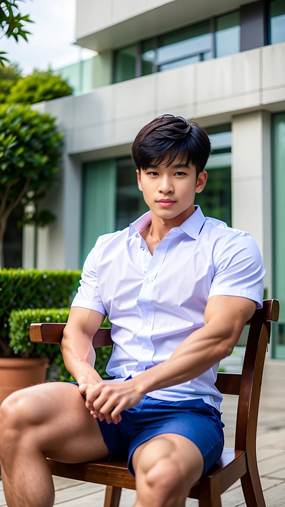 Masterpiece, best quality, High quality, วอลล์เปเปอร์ CG unity 8k ที่มีvery detailed, depth of field, HDR,,photorealistic,very detailed, 1 man sitting on a chair, Asia, black short hair, , (Thai , white shirt), blue cargo shorts, chest muscles, Big arm muscles, blood vessel, big muscles, Broad shoulders, looking at the audience, Balancing the eyes, (Make eye contact) (outside the building:1.3)
