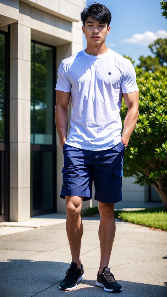 Masterpiece, best quality, High quality, วอลล์เปเปอร์ CG unity 8k ที่มีvery detailed, depth of field, HDR,,photorealistic,very detailed, 1 man sitting on a chair, Asia, black short hair, , (Thai , white shirt), blue cargo shorts, chest muscles, Big arm muscles, blood vessel, big muscles, Broad shoulders, looking at the audience, Balancing the eyes, (Make eye contact) (outside the building:1.3)